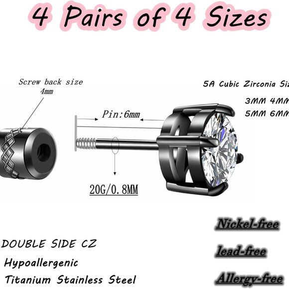 4 Pairs Titanium Hypoallergenic Earrings for Sensitive Ears,Rainbow 5A Cubic Zir - Picture 2 of 6